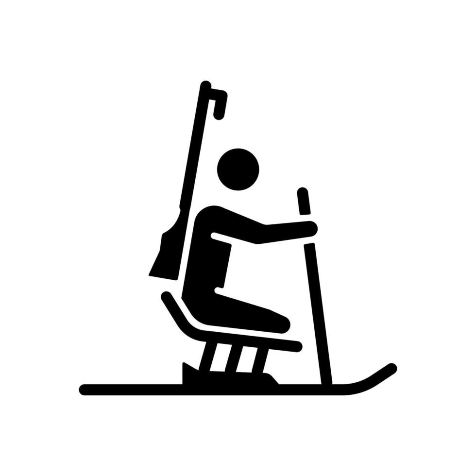 biatlon zwart glyph-pictogram. combinatiesport skiën en schieten. winter race activiteit. competitief evenement. sporter met een handicap. silhouet symbool op witte ruimte. vector geïsoleerde illustratie