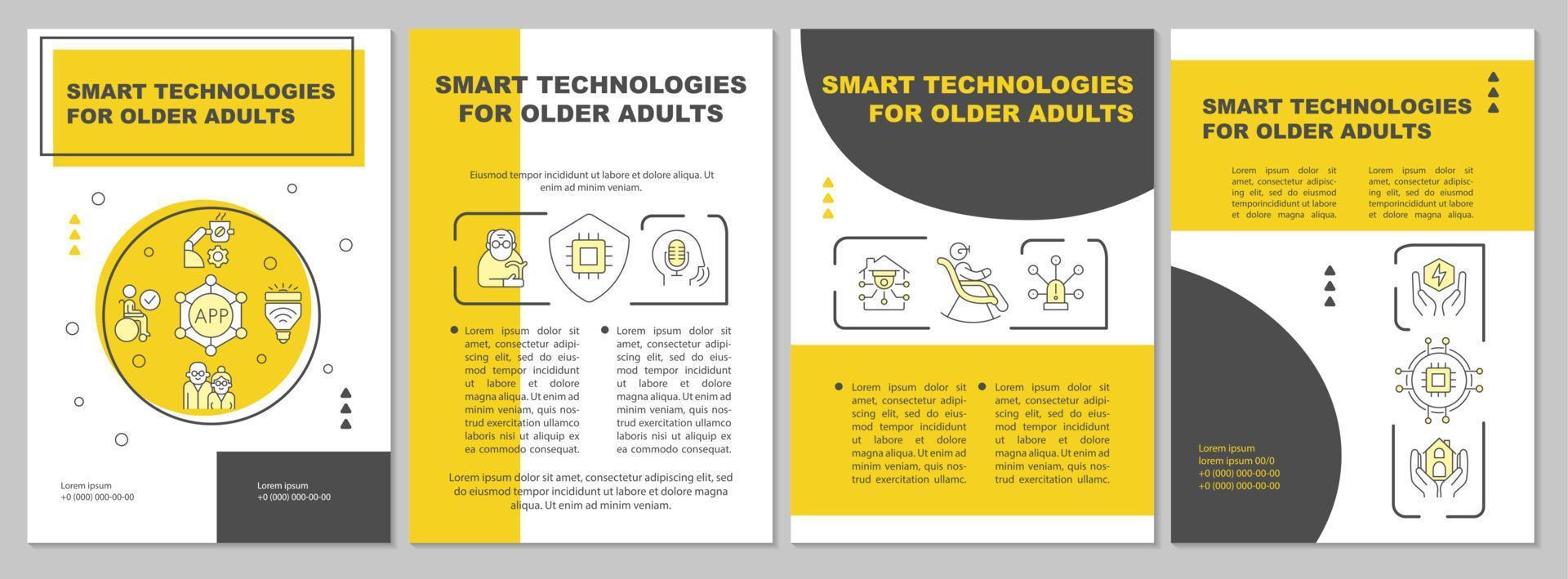 slimme technologieën voor ouderen gele brochuresjabloon. technische apparaten. folderontwerp met lineaire pictogrammen. 4 vectorlay-outs voor presentatie, jaarverslagen. arial, talloze pro-reguliere lettertypen gebruikt vector