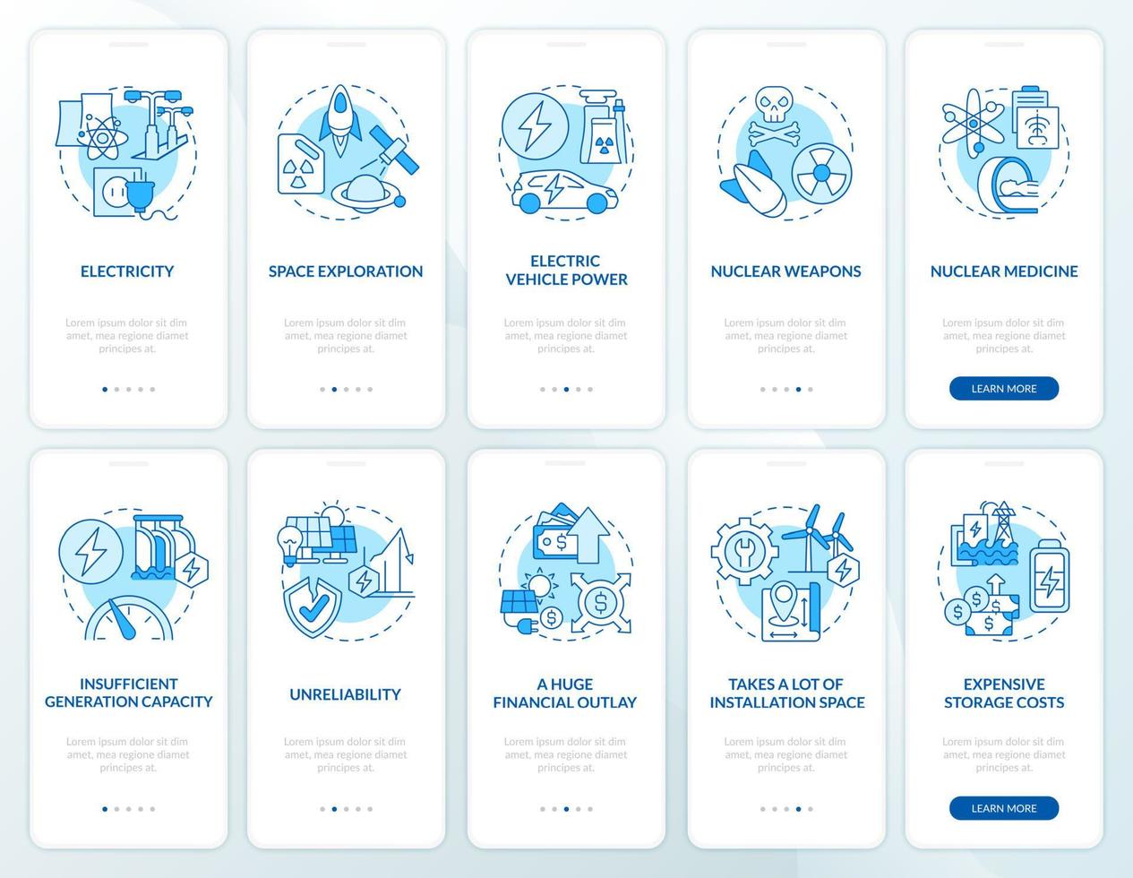 kernenergieproductie onboarding mobiele app-paginaschermset. atoomkracht walkthrough 5 stappen grafische instructies met concepten. ui, ux, gui vectorsjabloon met lineaire kleurenillustraties vector