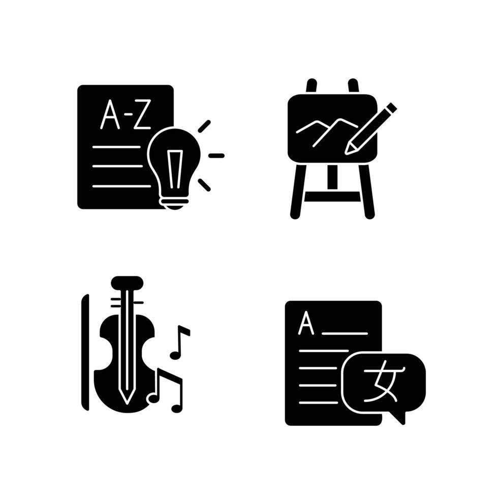 verscheidenheid aan onderwerpen op school zwarte glyph-pictogrammen op witte ruimte. kunst lessen. muziek onderwijs. vreemde talen leren. financiële geletterdheid. silhouet symbolen. vector geïsoleerde illustratie