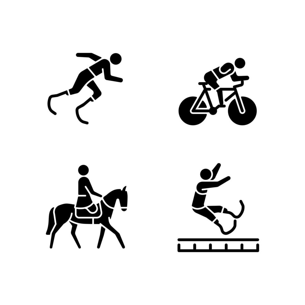 adaptieve sport zwarte glyph pictogrammen ingesteld op witruimte. paardensport en atletiek. sportman met prothese. unieke vaardigheden demonstratie. silhouet symbolen. vector geïsoleerde illustratie