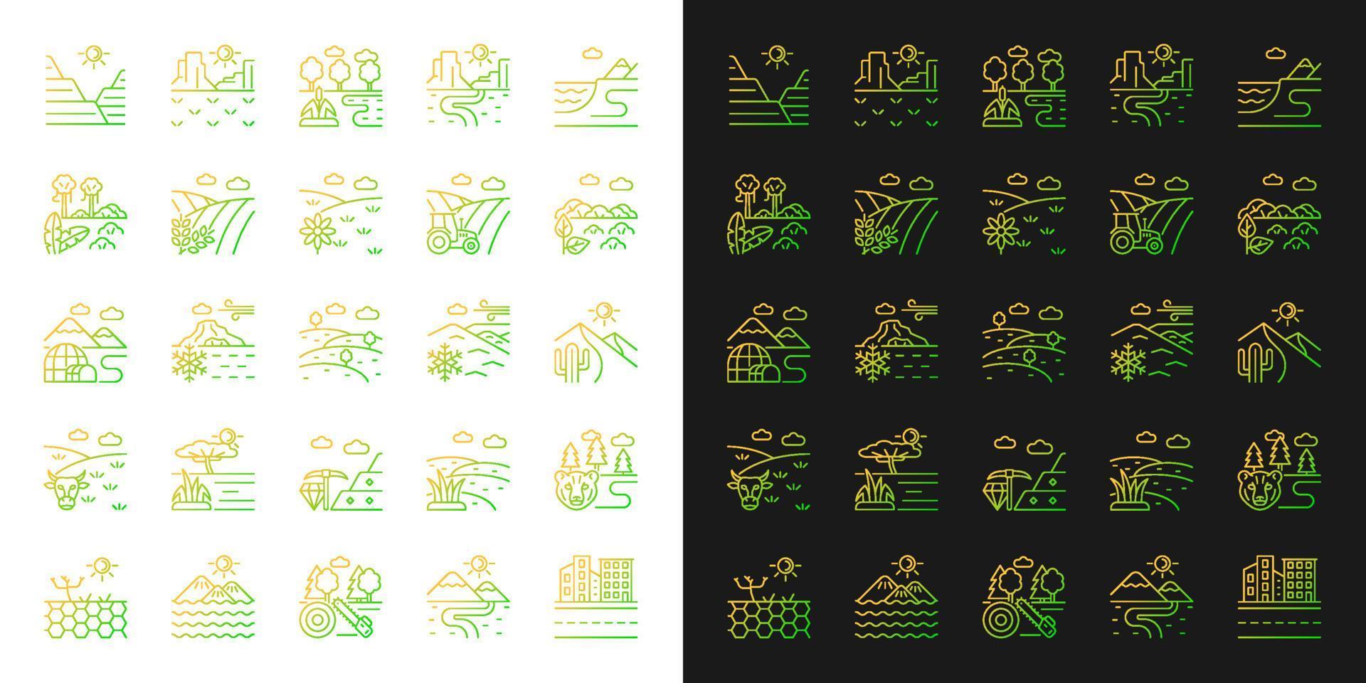 landtypes verlooppictogrammen ingesteld voor donkere en lichte modus. bioom en regiodiversiteit. klimaat zones. dunne lijn contour symbolen bundel. geïsoleerde vector overzicht illustraties collectie op zwart-wit