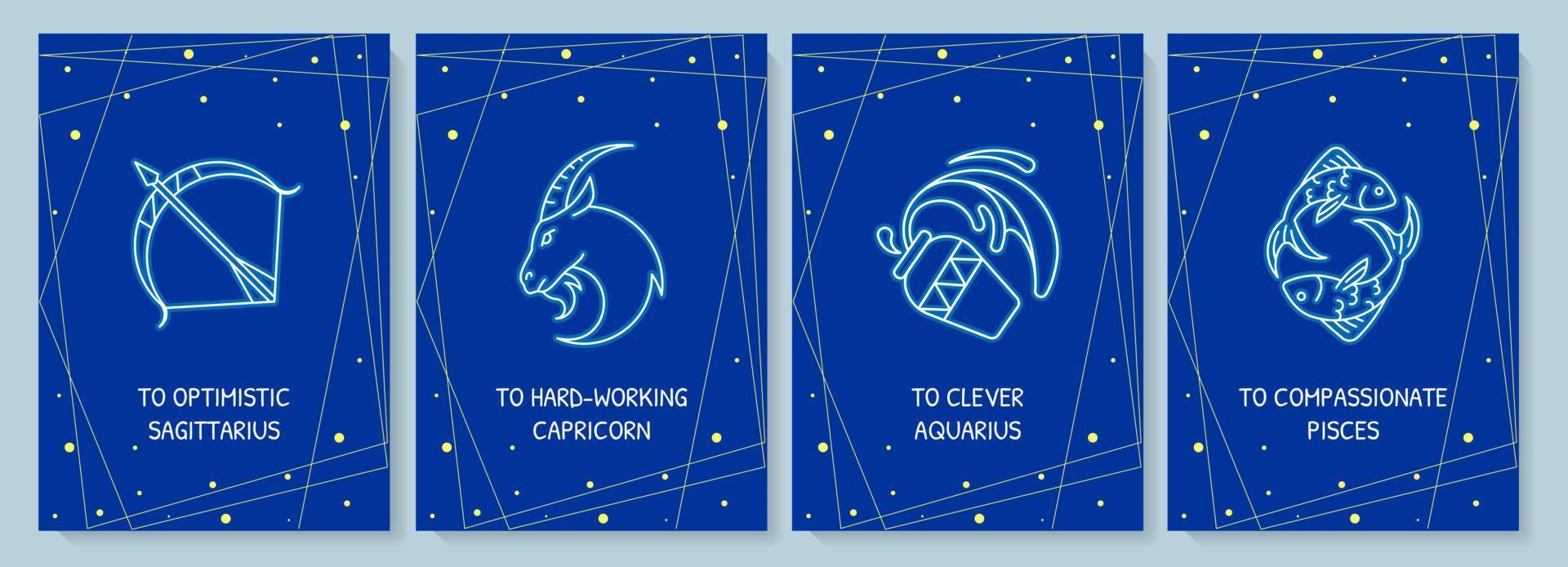 Horoscoop tekenen ansichtkaart met lineaire glyph icon set. astrologie. wenskaart met decoratief vectorontwerp. eenvoudige stijlposter met creatieve lineartillustratie. flyer met vakantiewens vector