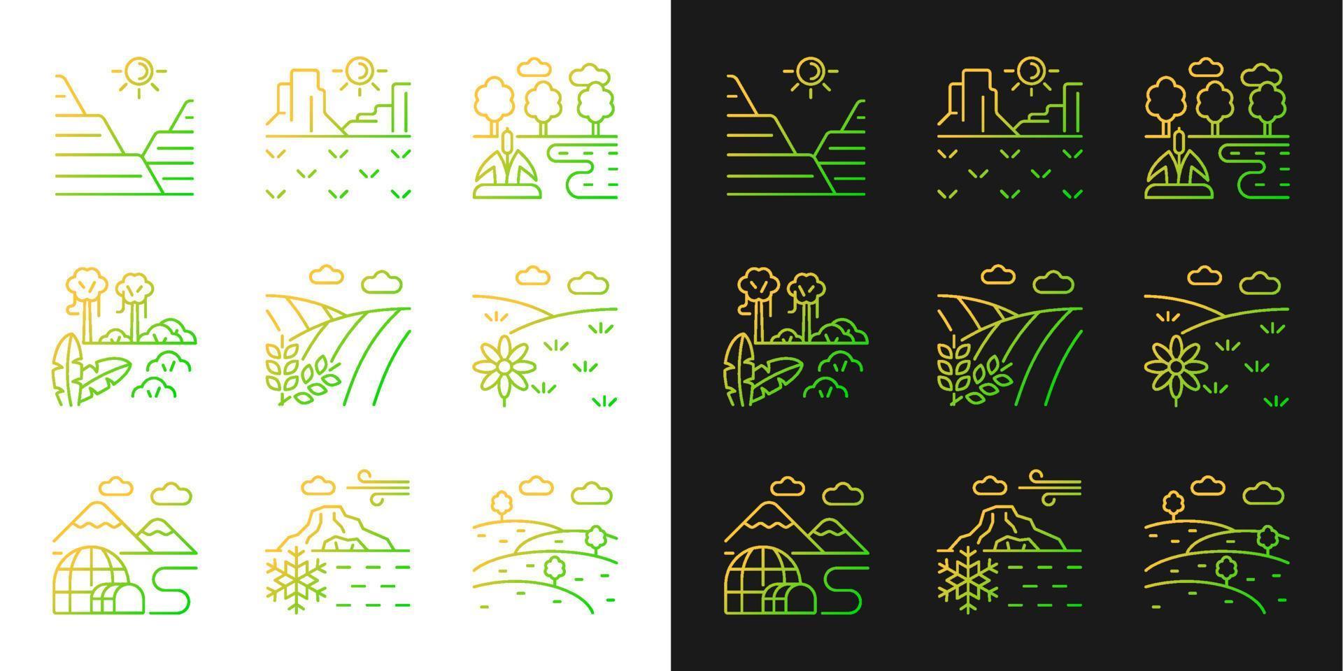 biomen en landvormen verloop pictogrammen ingesteld voor donkere en lichte modus. diverse klimaatzones. dunne lijn contour symbolen bundel. geïsoleerde vector overzicht illustraties collectie op zwart-wit