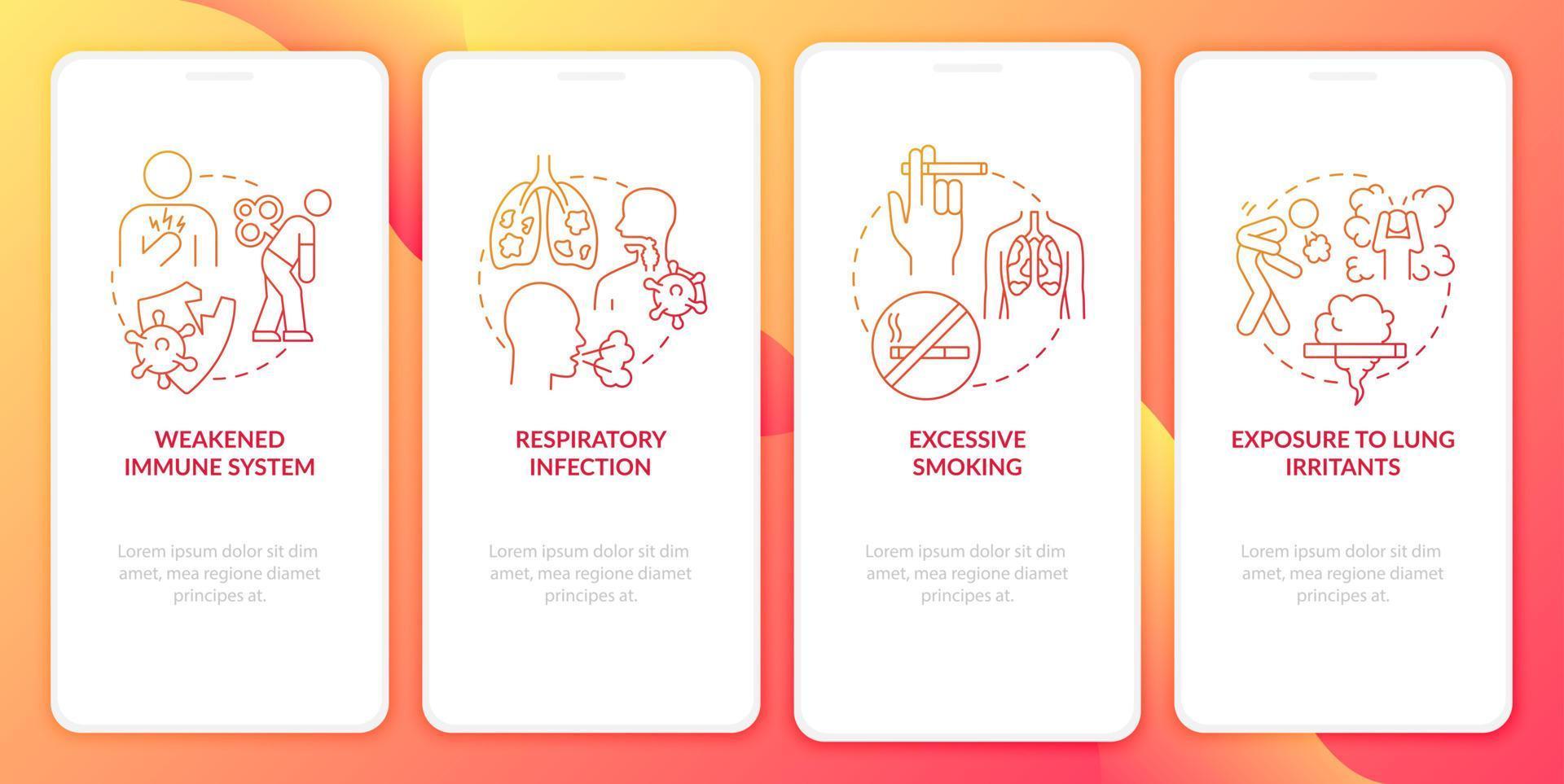 risico op het ontwikkelen van longontsteking op het paginascherm van de mobiele app. overmatig roken walkthrough 4 stappen grafische instructies met concepten. ui, ux, gui vectorsjabloon met lineaire kleurenillustraties vector