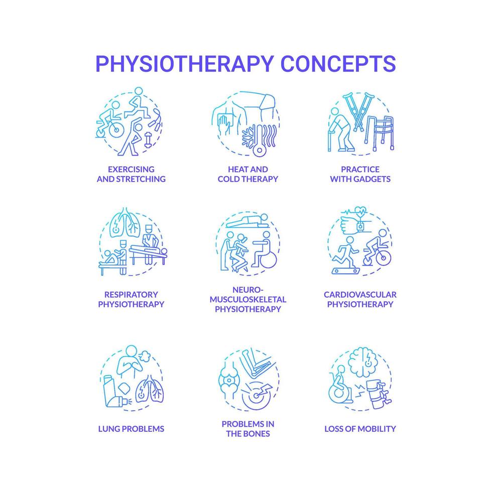 fysiotherapie gradiënt blauwe concept iconen set. sporten en strekken. warmte- en koudetherapie. therapeut behandeling idee dunne lijn kleurenillustraties. vector geïsoleerde overzichtstekeningen