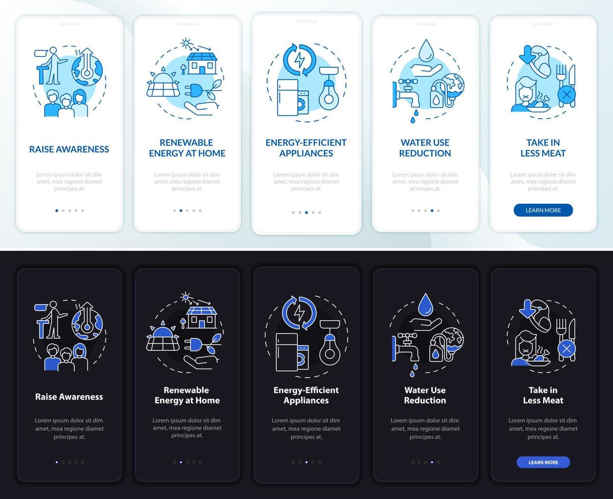 het voorkomen van klimaatveranderingen nacht, dagmodus onboarding mobiele app-scherm. walkthrough 5 stappen grafische instructiepagina's met lineaire concepten. ui, ux, gui-sjabloon. talloze pro-bold, reguliere lettertypen gebruikt vector