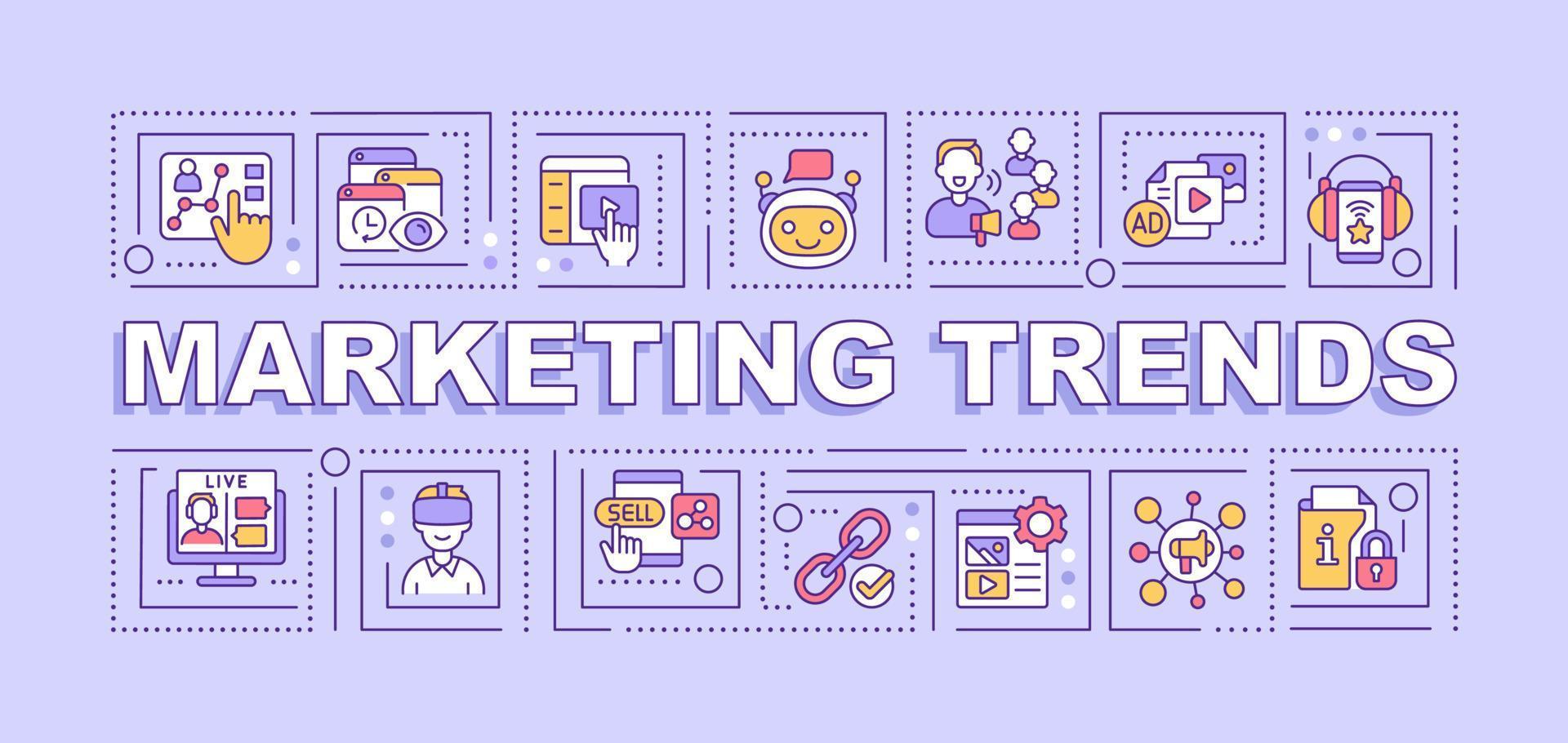 marketing trends woord concepten paarse banner. campagne-innovatie adverteren. infographics met pictogrammen op een achtergrond in kleur. geïsoleerde typografie. vectorillustratie met tekst. arial-zwart lettertype gebruikt vector