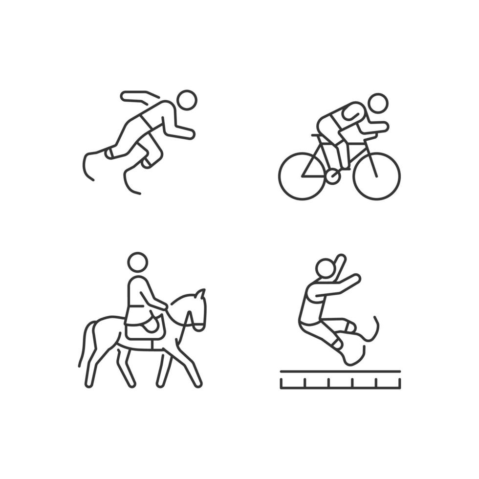 adaptieve sport lineaire iconen set. paardensport en atletiek. sportman met prothese. aanpasbare dunne lijncontoursymbolen. geïsoleerde vectoroverzichtsillustraties. bewerkbare streek vector
