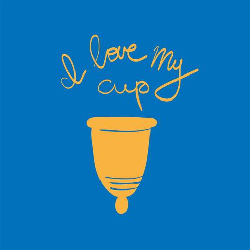 vrouwen menstruatiecup met bloemen in handgetekende stijl. Belettering -Ik hou van mijn beker vector