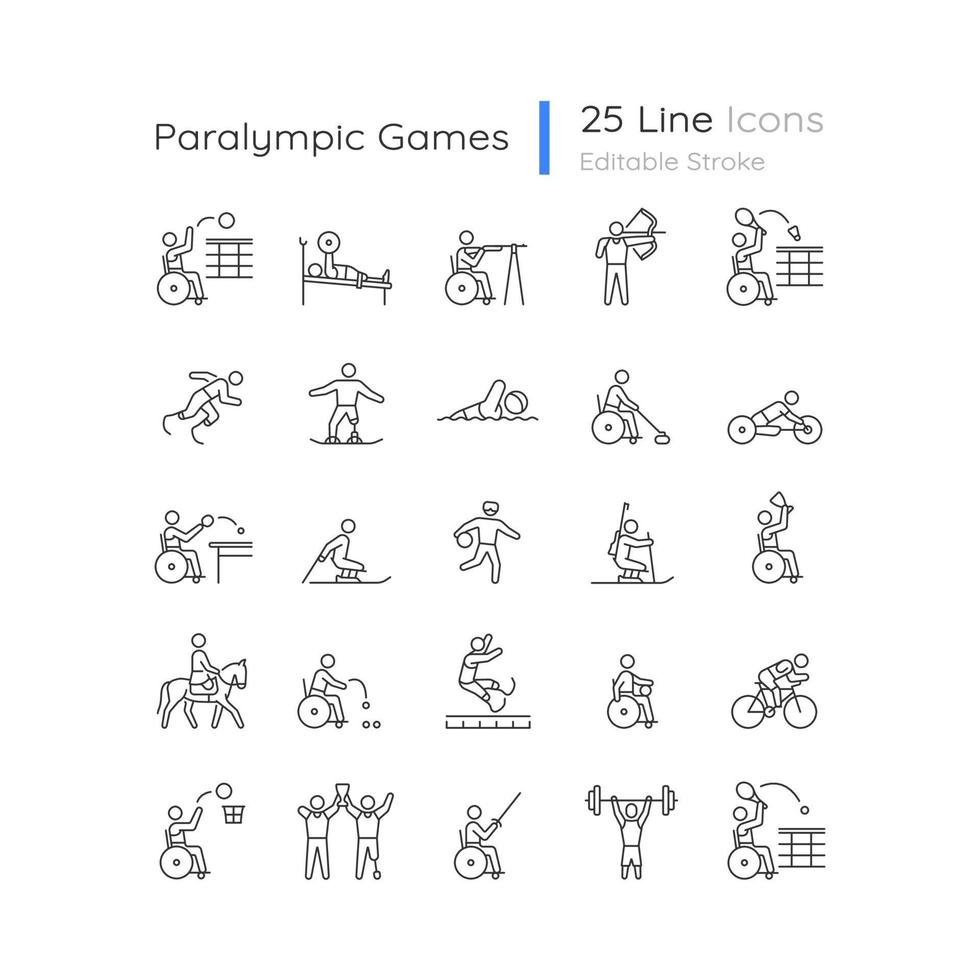 sport competitie lineaire pictogrammen instellen. professioneel wedstrijdevenement. sporters met een handicap. aanpasbare dunne lijncontoursymbolen. geïsoleerde vectoroverzichtsillustraties. bewerkbare lijncollectie vector