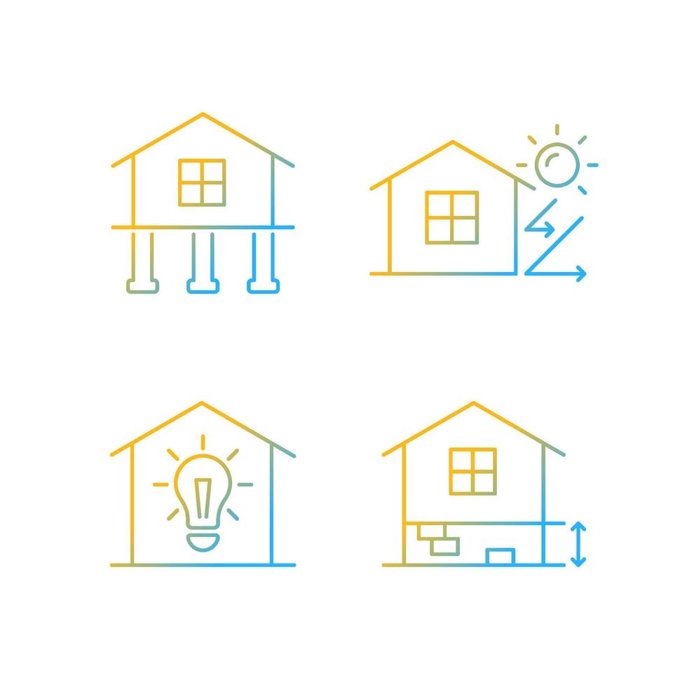 residentieel gebouw kleurovergang lineaire vector iconen set. paal fundering. thermische isolatie. elektriciteitsvoorziening aan huis. dunne lijn contour symbolen bundel. geïsoleerde overzicht illustraties collectie