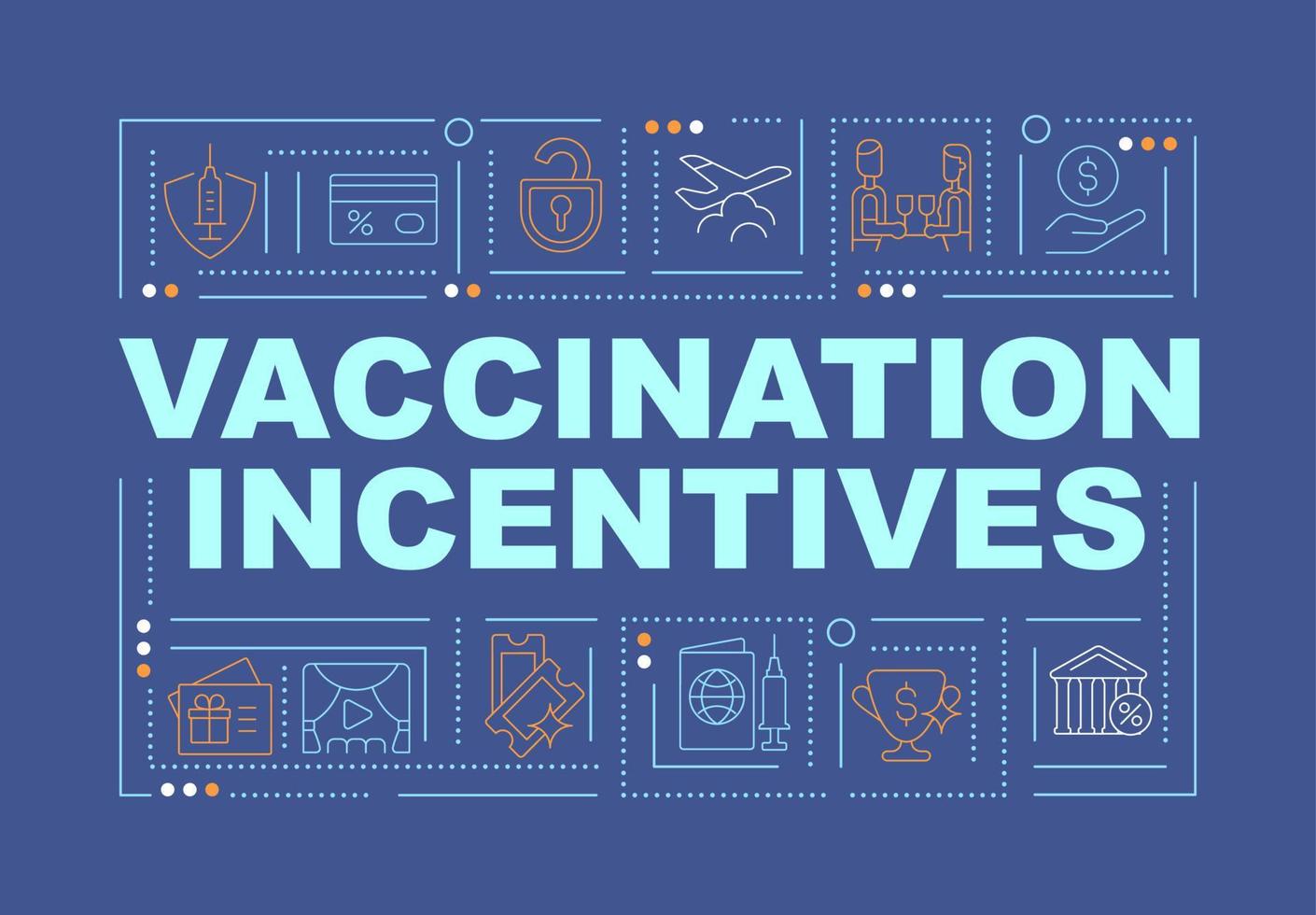 vaccinatie bonussen woord concepten banner. vaccinatiedoel halen. infographics met lineaire pictogrammen op blauwe achtergrond. geïsoleerde creatieve typografie. vector overzicht kleur illustratie met tekst