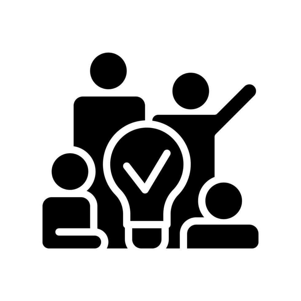 team brainstormen zwarte glyph-pictogram. innovatieve strategie voor groepssamenwerking. professionele samenwerking. silhouet symbool op witte ruimte. solide pictogram. vector geïsoleerde illustratie