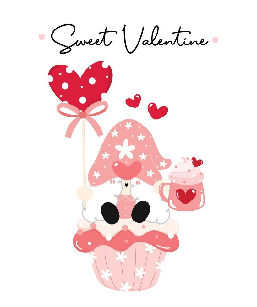 schattige zoete valentijn kabouter gril met roze slagroom mok en hartvormige snoep zitten op schattige muffin, cartoon platte vector