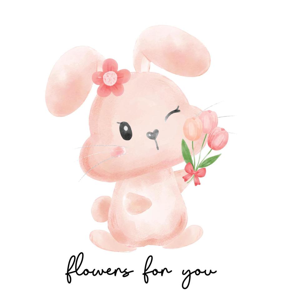 schattig konijntje meisje glimlach gezicht bloemen voor jou cartoon aquarel vector, baby bunny vector
