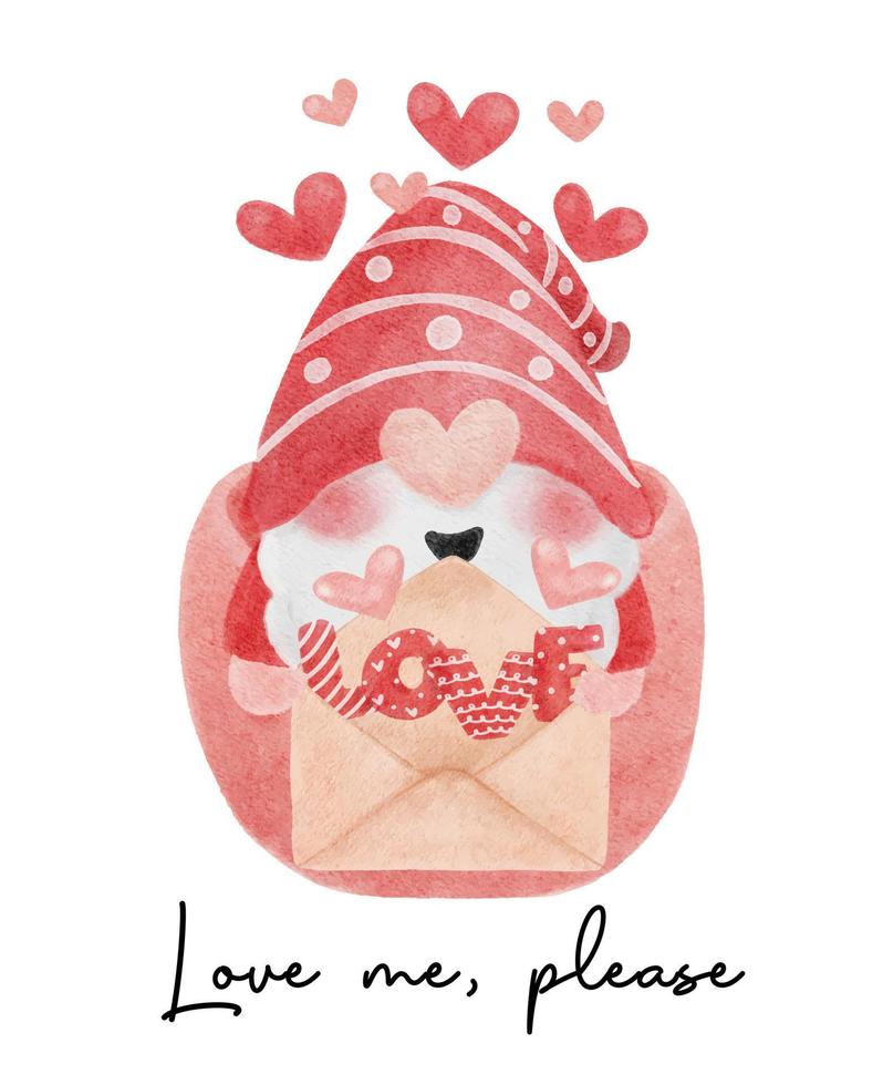 schattige rode kabouter met liefdesbrief in roze koffiekopje aquarel cartoon vector hand schilderij, hou van me alsjeblieft