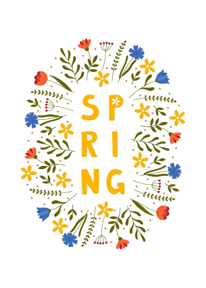 handgetekende lente belettering tekst met bloemen. belettering lenteseizoen voor wenskaart, uitnodigingssjabloon, poster en banner vector