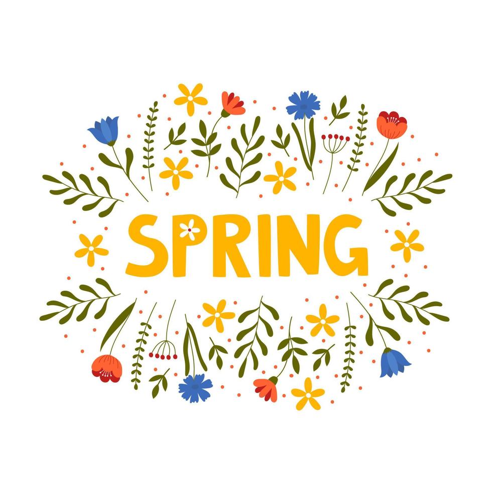 handgetekende lente belettering tekst met bloemen. belettering lenteseizoen voor wenskaart, uitnodigingssjabloon, poster en banner vector