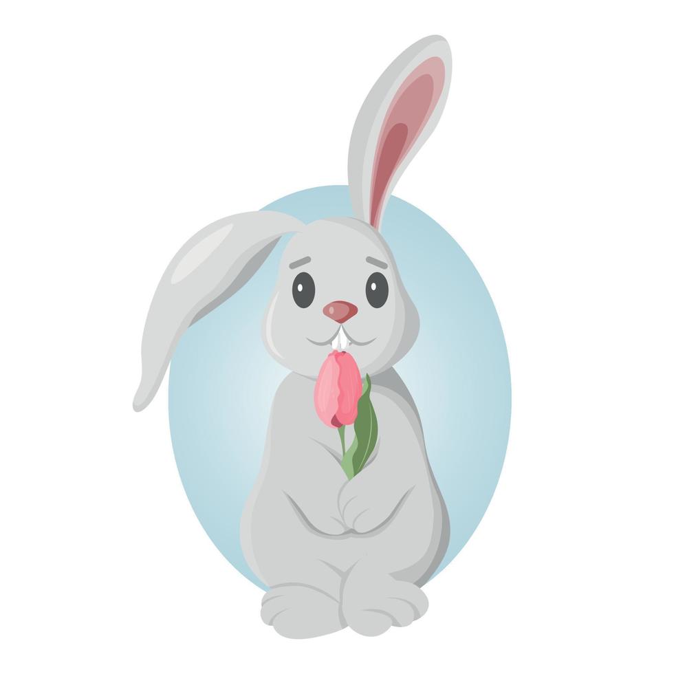 leuke illustratie van een konijn dat een tulp in zijn poten houdt. paashaas. vector