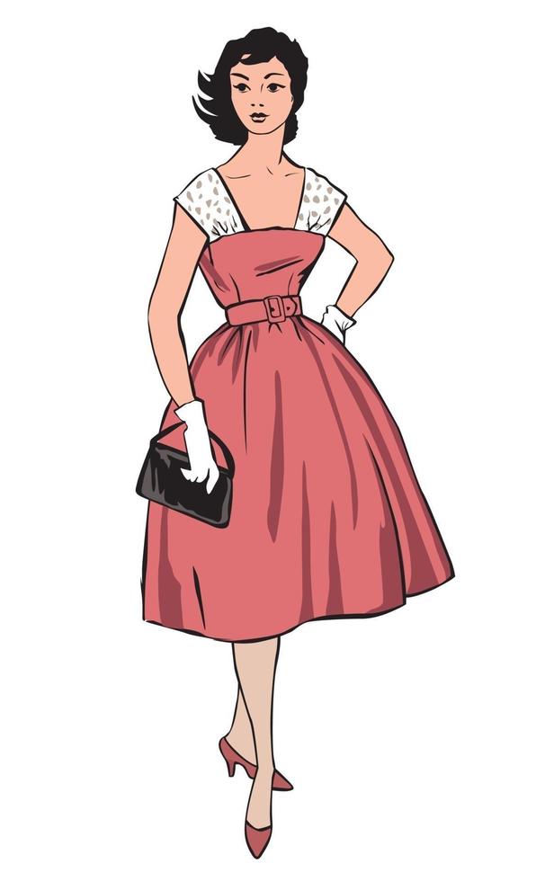 stijlvolle doek vrouw mode meisje 1960 stijl vintage zomerjurk vector