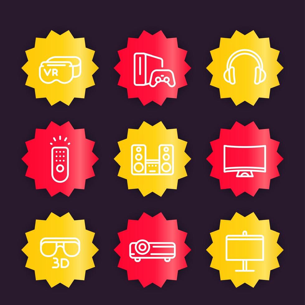 home entertainment systeem iconen set, game console, virtual reality bril, multimedia projector, 3d, gebogen tv, vector badges met pictogrammen in lineaire stijl