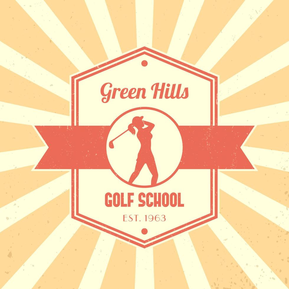 golfschool vintage logo, badge, golfschool tetragonaal embleem, met meisje golfer, vrouwelijke golfspeler swingende golfclub, vector