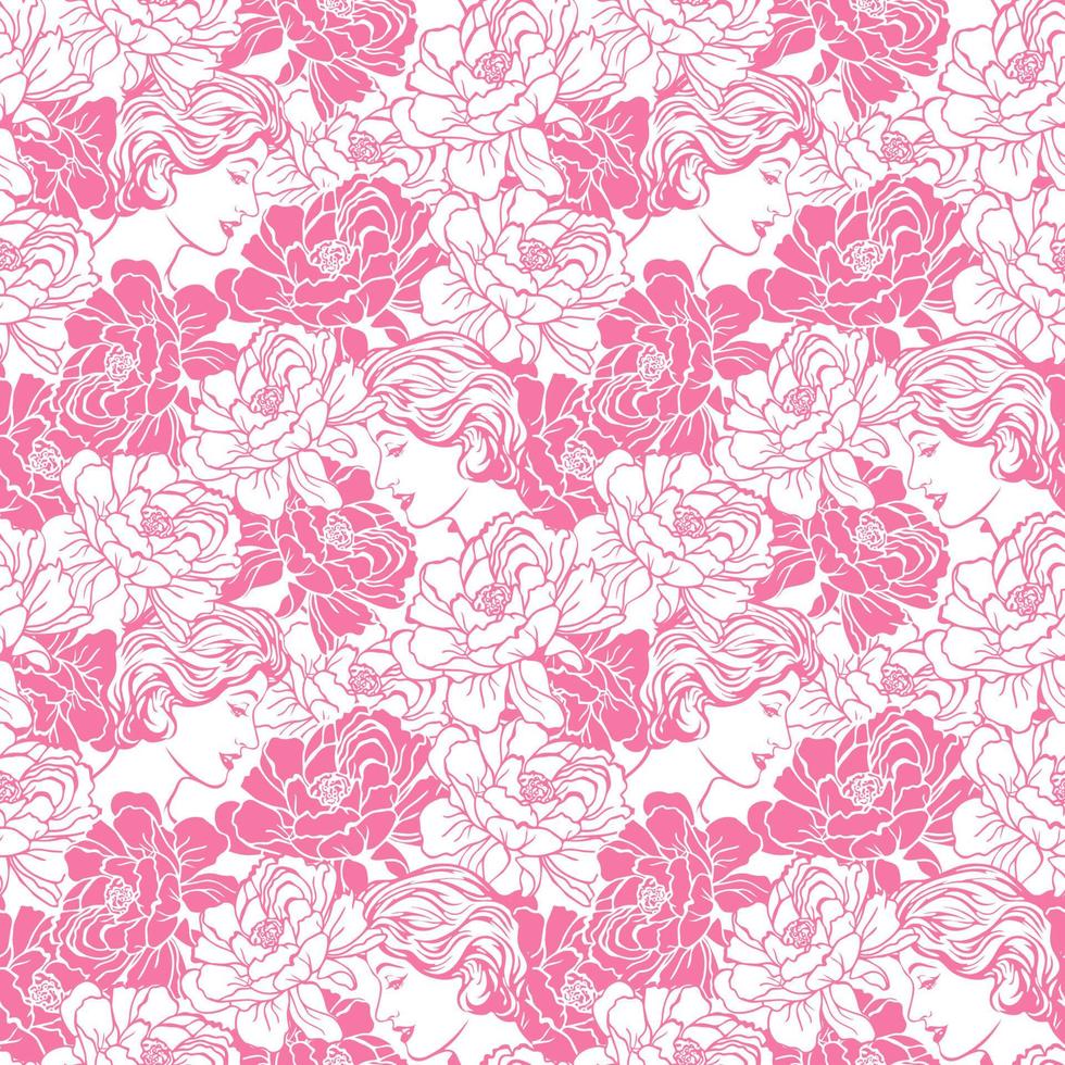 bloemmotief van roze pioen bloemen en gezicht van de vrouw op een witte achtergrond. naadloos patroon. vector