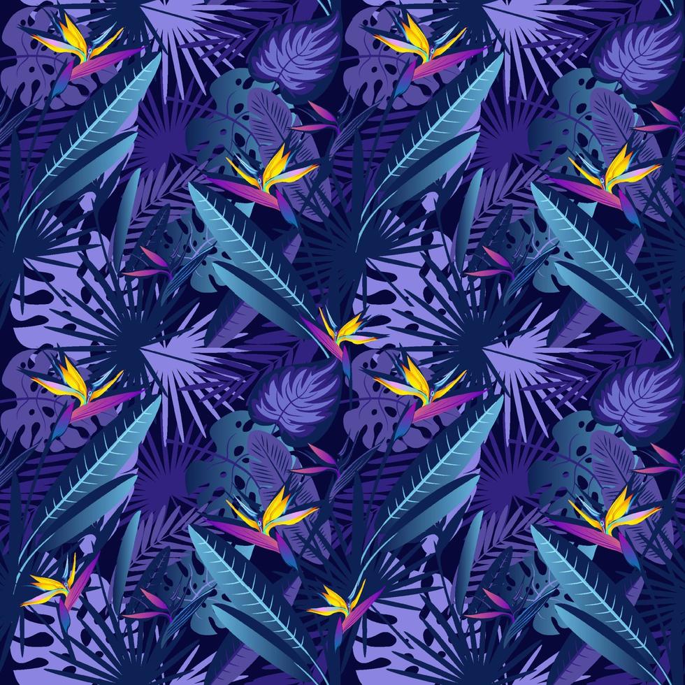 naadloos patroon met tropische exotische bladeren en bloemen 's nachts. tropische nacht. vector