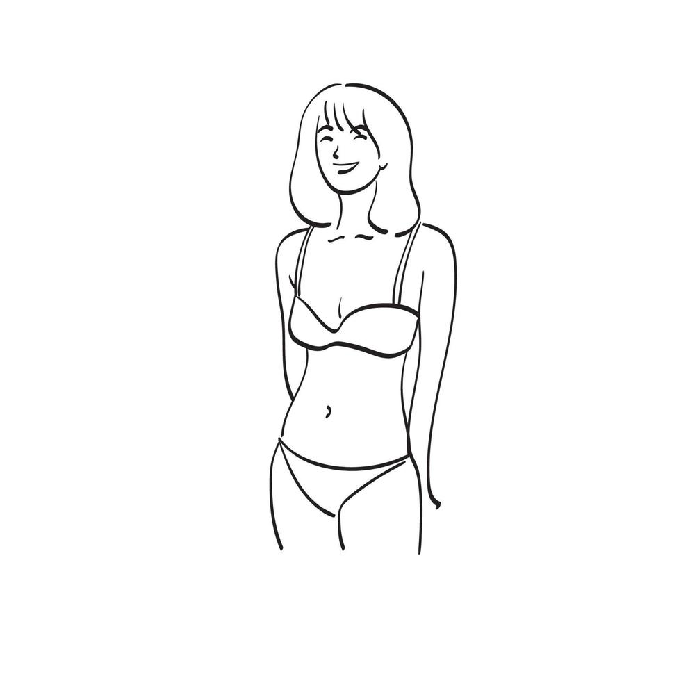 lijn kunst halve lengte vrouw in bikini illustratie vector hand getekend geïsoleerd op een witte background