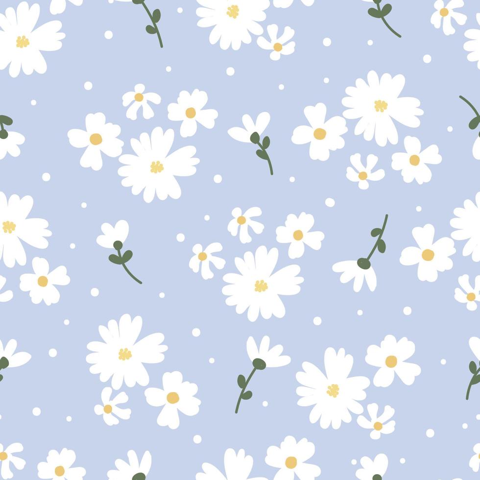vlakke stijl witte margriet bloem op blauwe achtergrond naadloze patroon vector