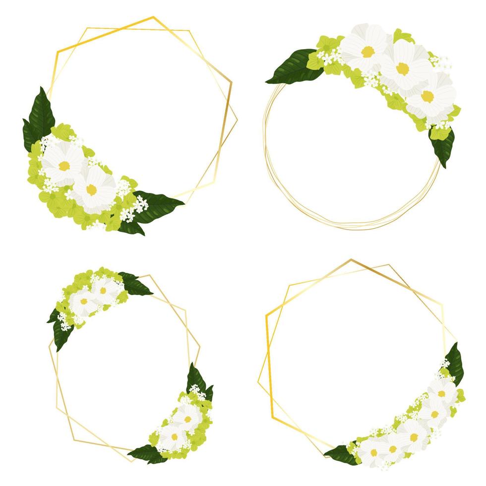 witte kosmos en groene hortensia bloemen boeket met gouden frame krans voor Valentijnsdag, bruiloft, moederdag of verjaardag vector