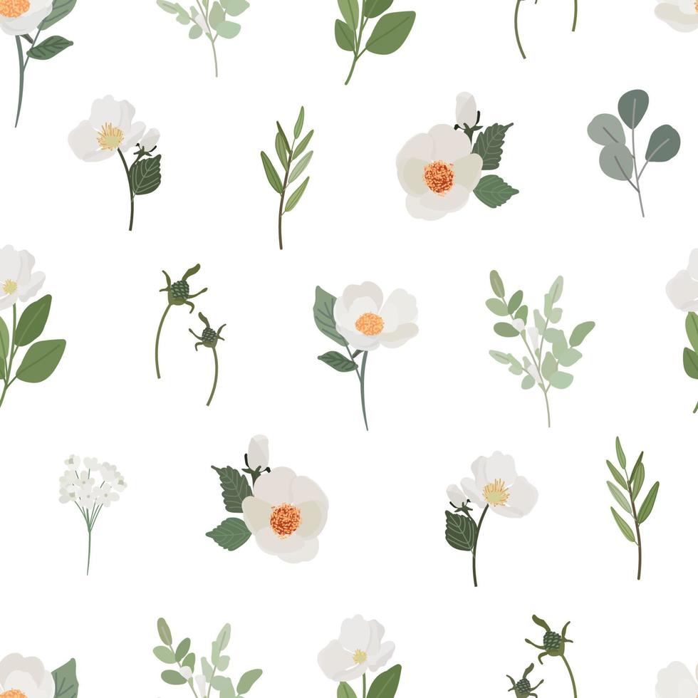 vlakke stijl witte camellia bloemen naadloos patroon vector