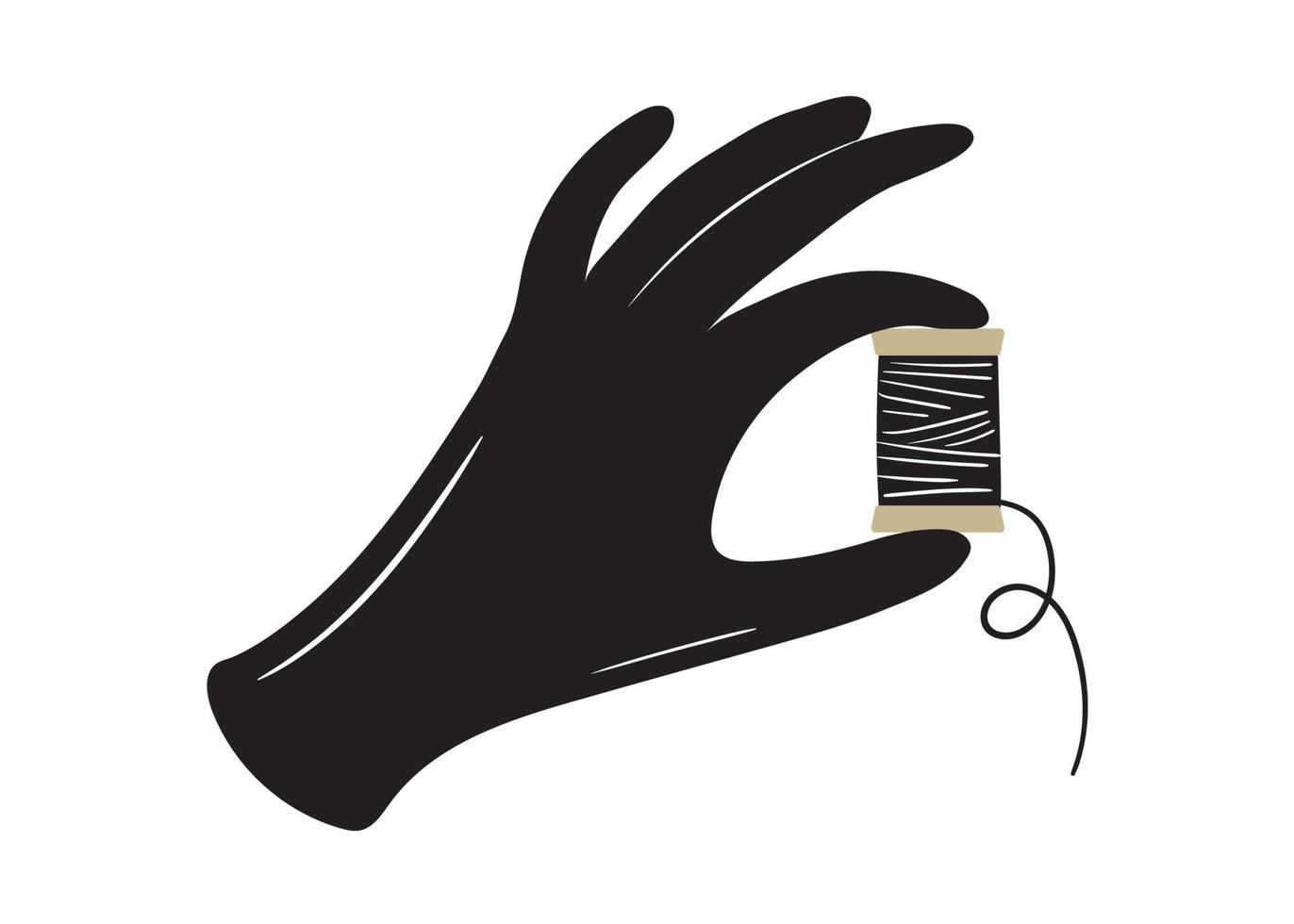 zwarte hand met draden in de hand. illustratie vintage hand getekend in cartoon-stijl vector