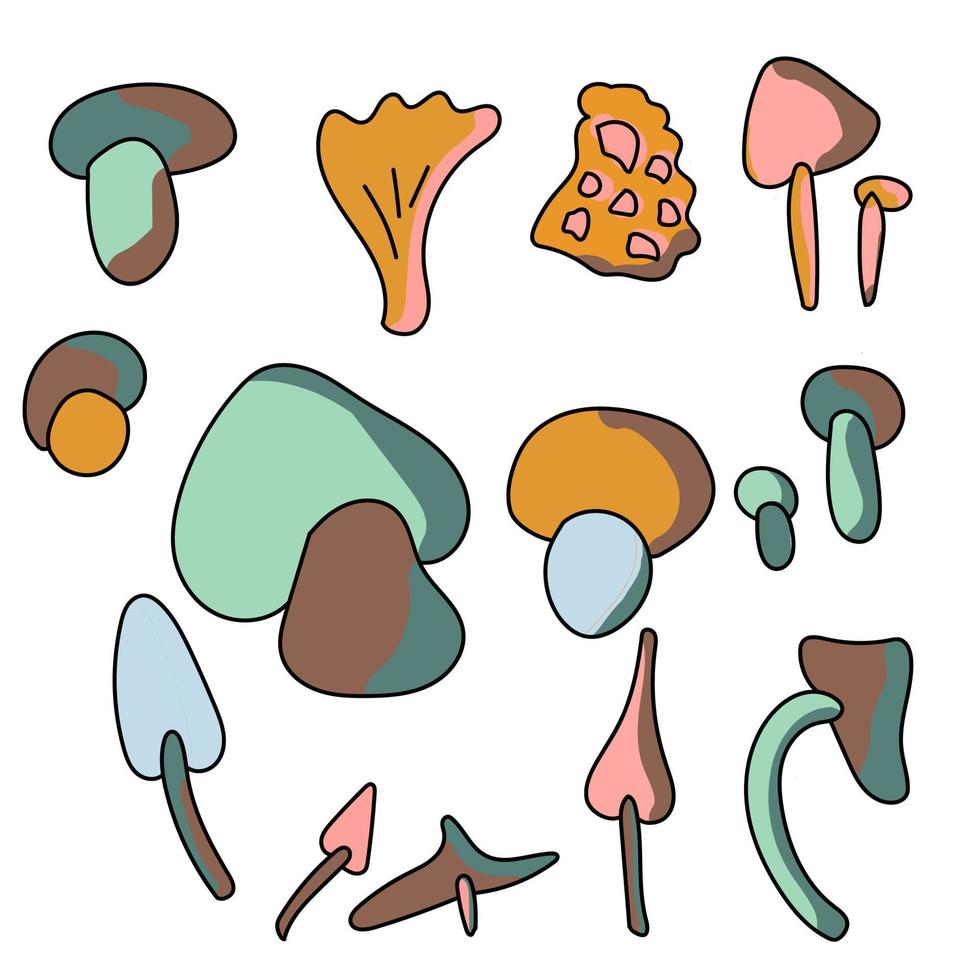 set van schattige gekleurde doodle paddestoel, hand tekenen vector ilustration, herfst objecten