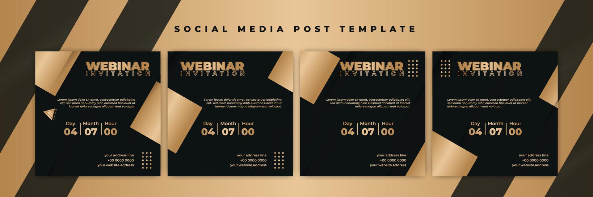 set van social media postsjabloon. webinar uitnodigingsbanner met goud donkergroen ontwerp. vector