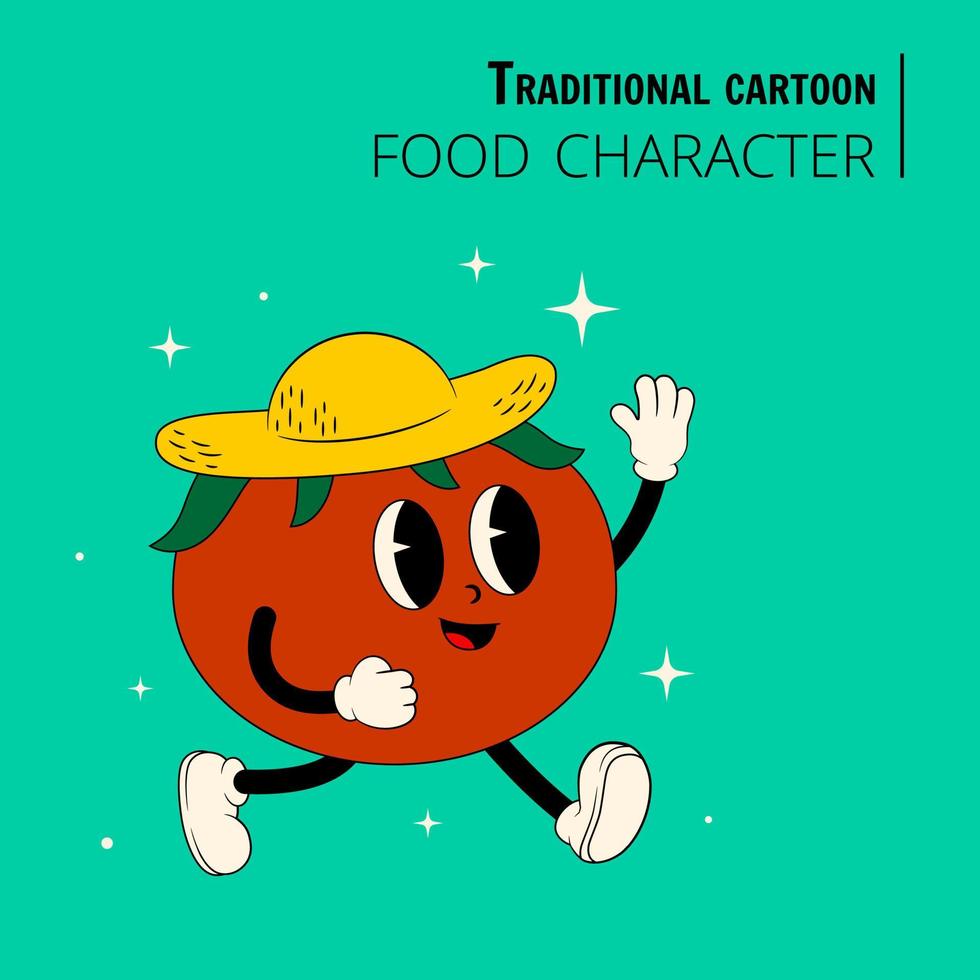 voedselkarakter in de stijl van een traditionele cartoon. stijlvol tomatenkarakter. vector