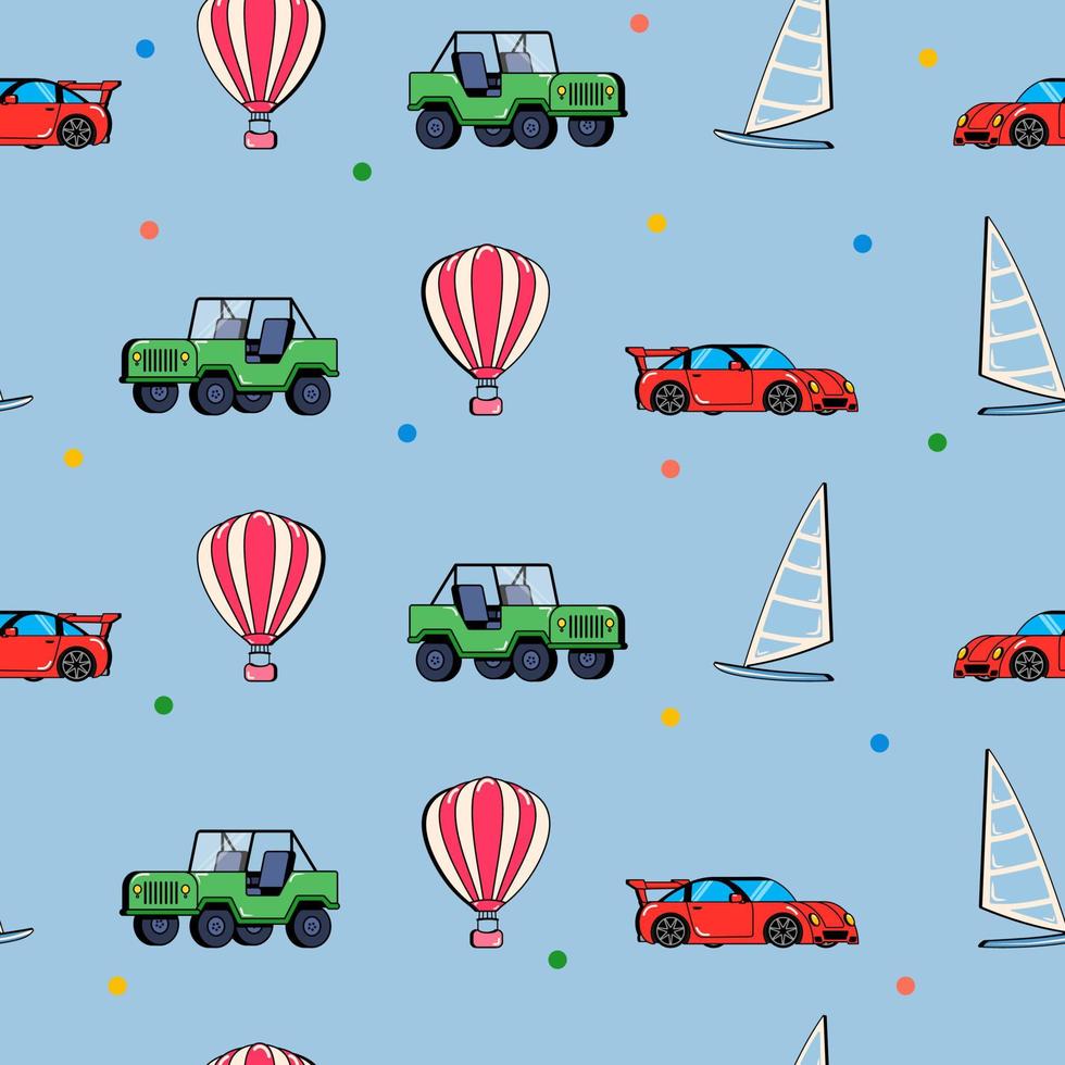 naadloos patroon met luchtballon, jeep, sportwagen, zeilboot. vector