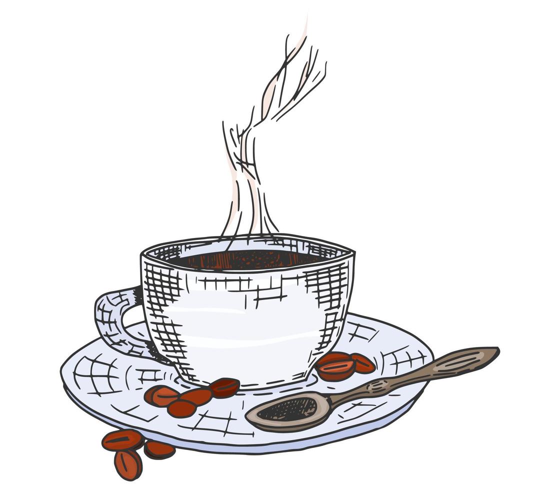 kopje warme koffie op een schotel met een lepel. schetsen vector
