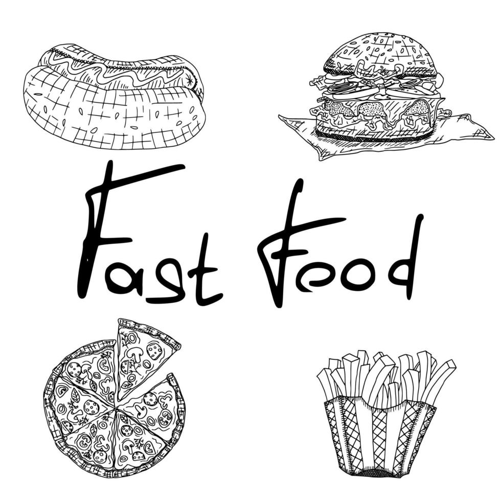 fastfood diner schetstekeningen. schets doodle vector