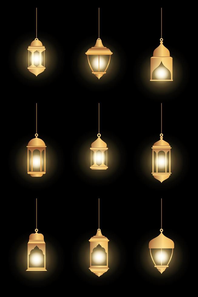 oosterse lampen. Arabische lantaarns hangen aan gouden kettingen. geïsoleerde realistische decoratieve verlichting. ramadan vectorbanner. illustratie lantaarn en lamp licht moslim vector