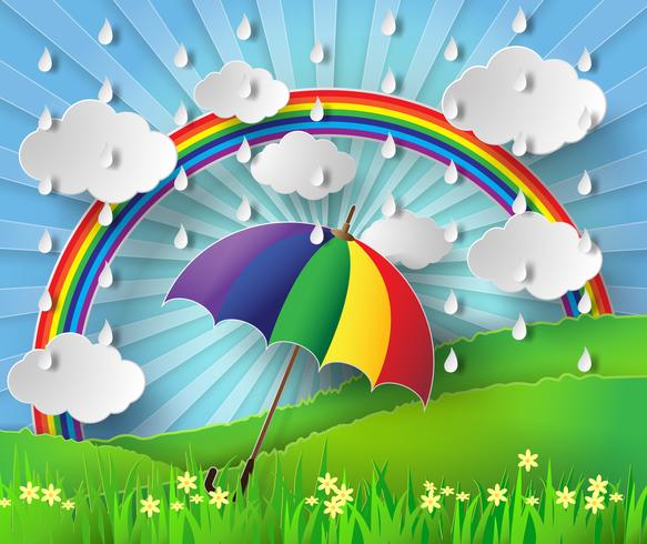 Kleurrijke paraplu in de regen met regenboog. vector