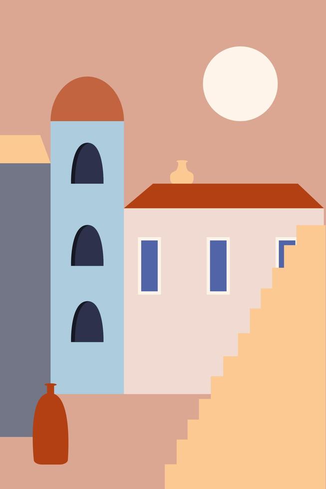 oud stadslandschap met trappen en vazen in boho-stijl. minimalistisch zomerontwerp voor reisadvertenties, uitnodigingen voor zomerfeesten, cadeauwinkellabel vector