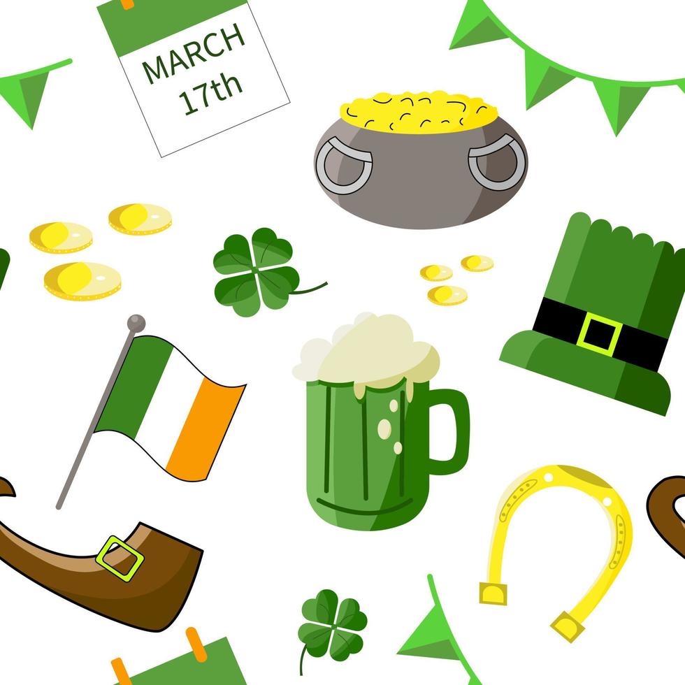 naadloos patroon van st. patrick's day met kabouterhoed, pot met goud, kabouterlaarzen en klaverbladelementen op witte achtergrond voor behang, wenskaarten voor de feestdagen, cadeaupapier vector