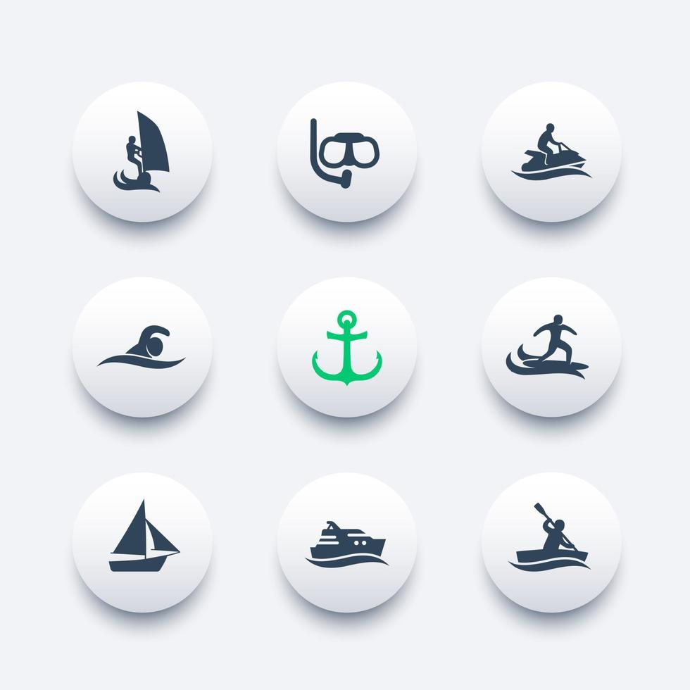 watersport iconen, surfen, zeilen, duiken, zwemmen vector