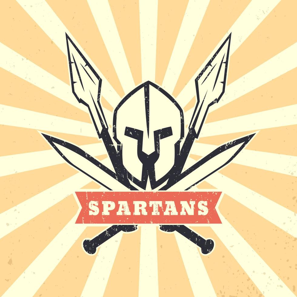 Spartanen, logo, teken, embleem met Spartaanse helm, gekruiste zwaarden en speren, vectorillustratie vector