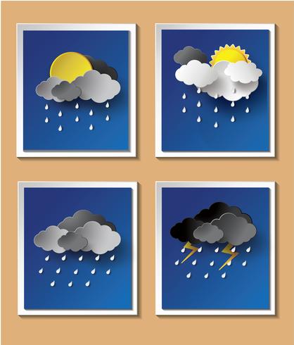 Regenachtige seizoenachtergrond met regendruppels en wolken. vector