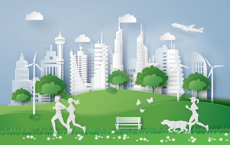 Illustratie van ecoconcept, groene stad in het blad. vector