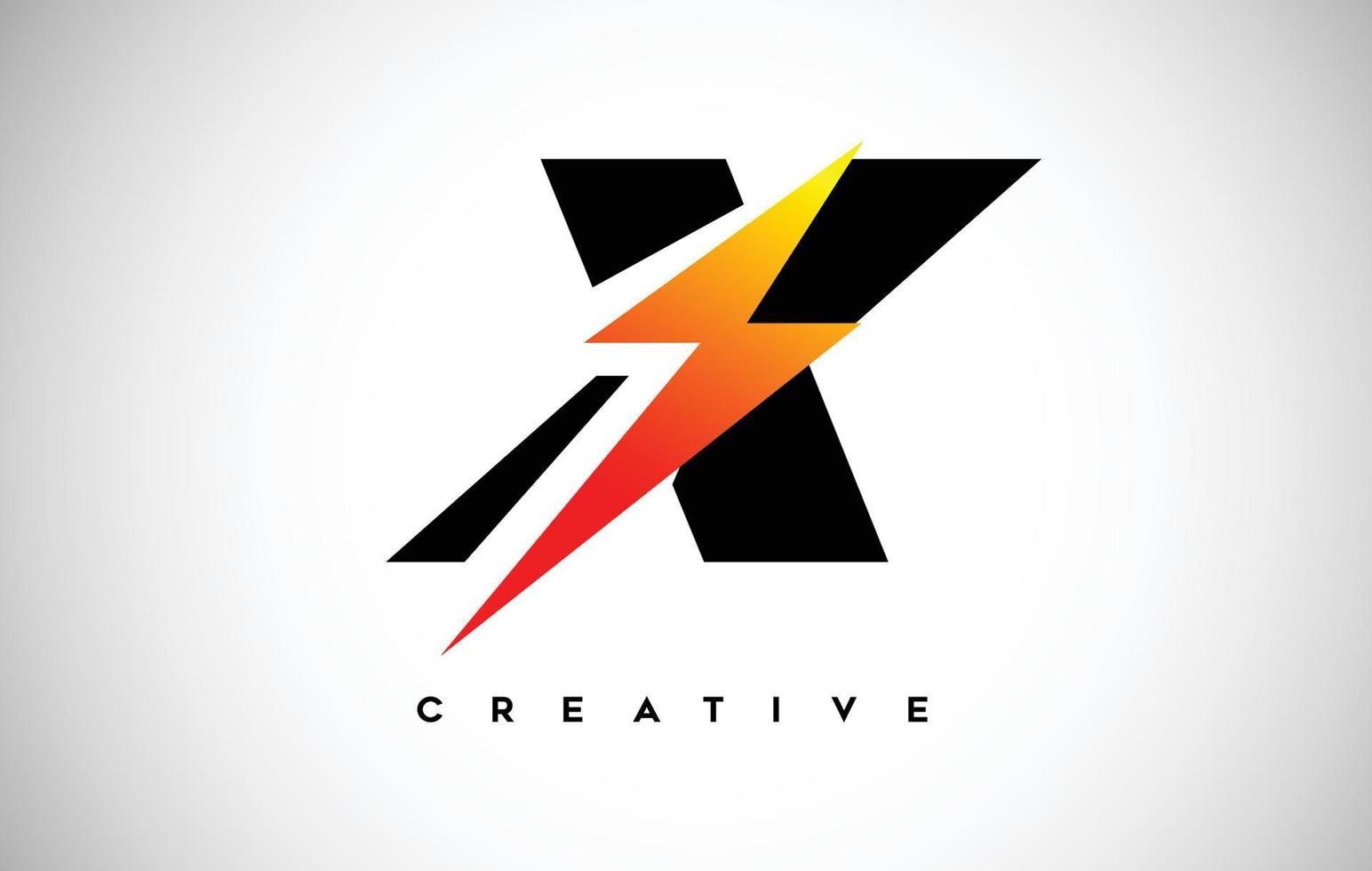 letter x bliksemschicht logo concept met zwarte letter en oranjegele donder. vector