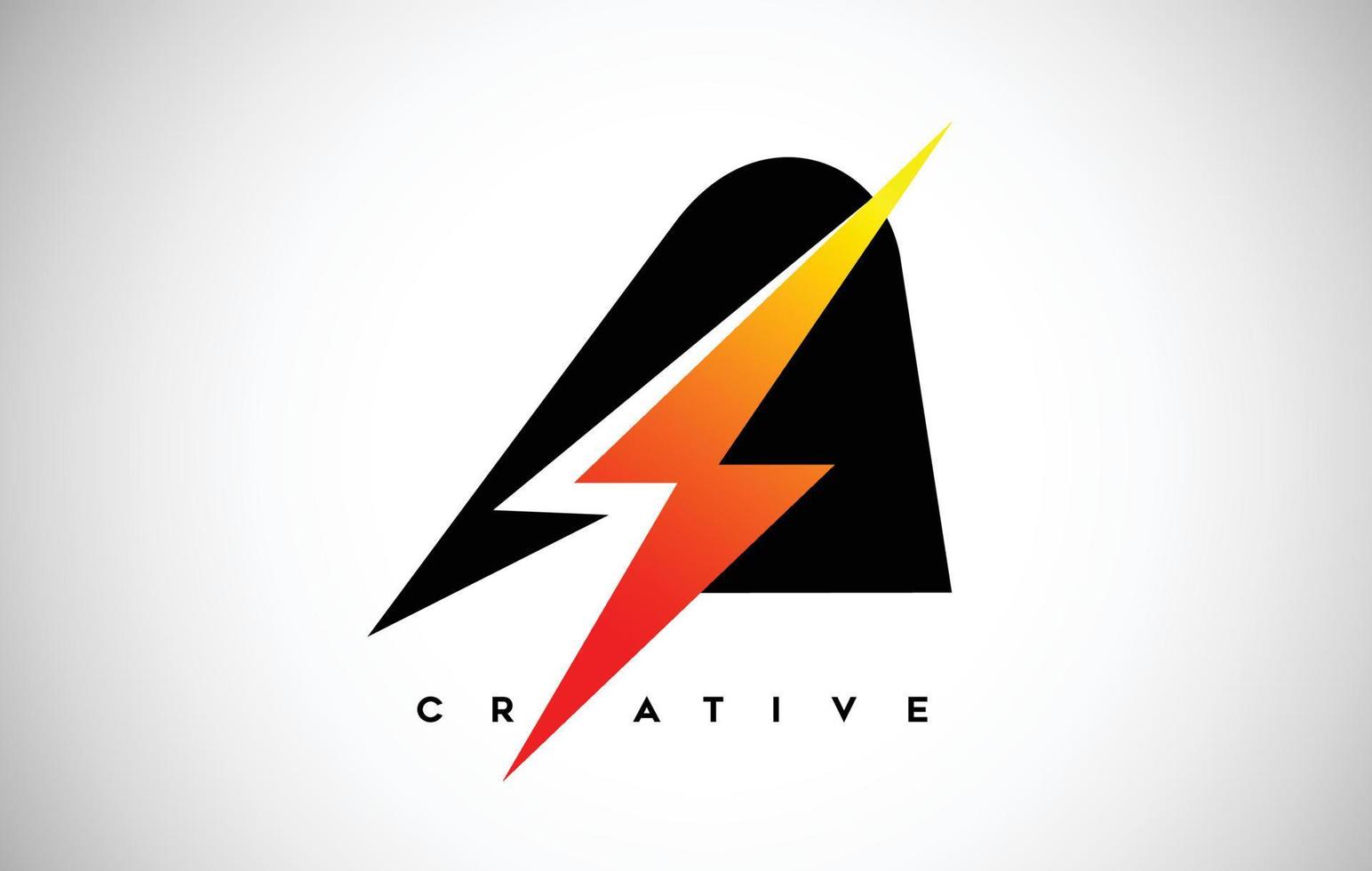 brief een bliksemschicht logo concept met zwarte letter en oranjegele donder. vector